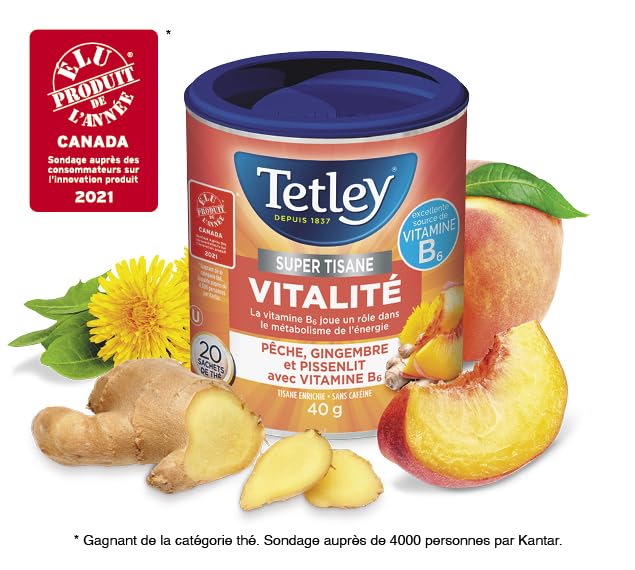Tetley Super Herbal Boost Peach Ginger & Dandelion Tea – 6 Pack (120 Tea Bags) - Canadian Distribution - Ships Free Within Canada on Orders Above CAD $199