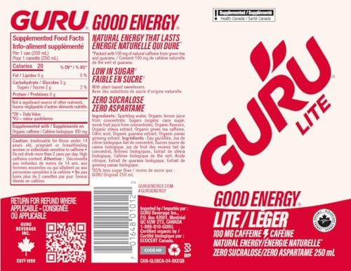 GURU – Lite Organic Energy Drink – Plant-Based Caffeine – 250mL x 24
