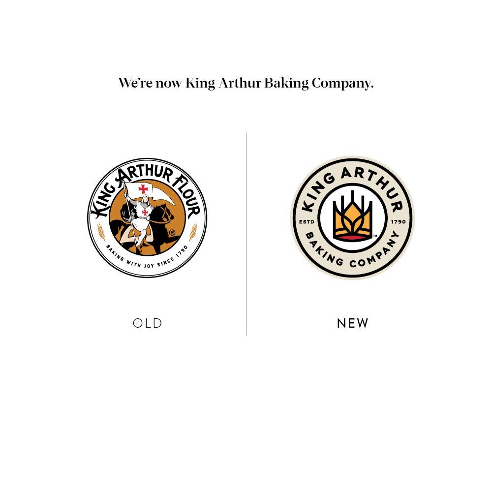Comparison of King Arthur Flour logo on the left and King Arthur Baking Company logo on the right with text 'We're now King Arthur Baking Company'.