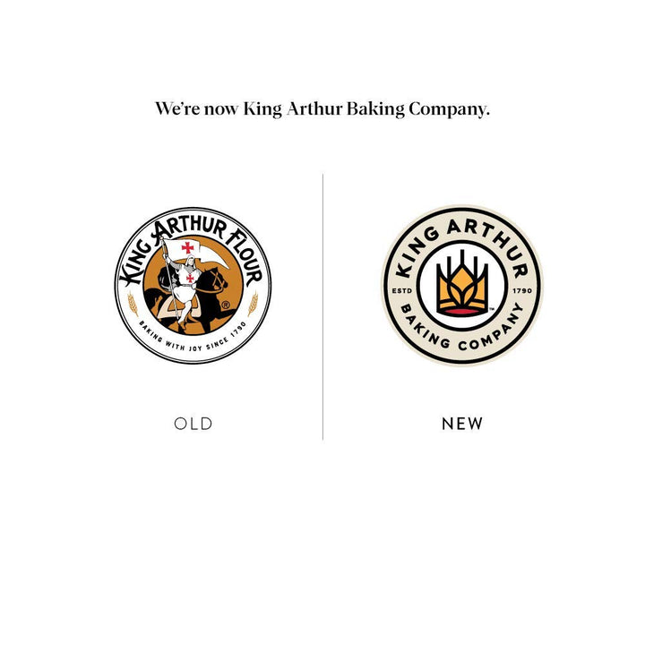 Comparison of King Arthur Flour logo on the left and King Arthur Baking Company logo on the right with text 'We're now King Arthur Baking Company'.