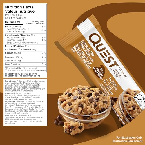 Quest Chocolate Chip Cookie Dough Protein Bar - 21g Protein, 1g Sugar, High Fiber, Keto Friendly (4-Pack) - Canadian Distribution - Ships Free Within Canada on Orders Above CAD $199