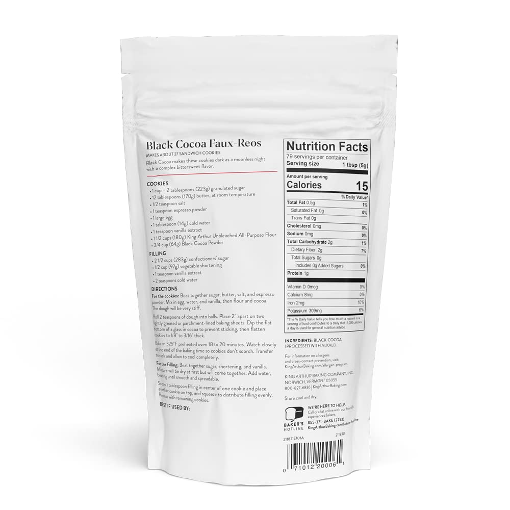 White packaging of Black Cocoa Faux Reos with nutrition facts and ingredients list on a white background