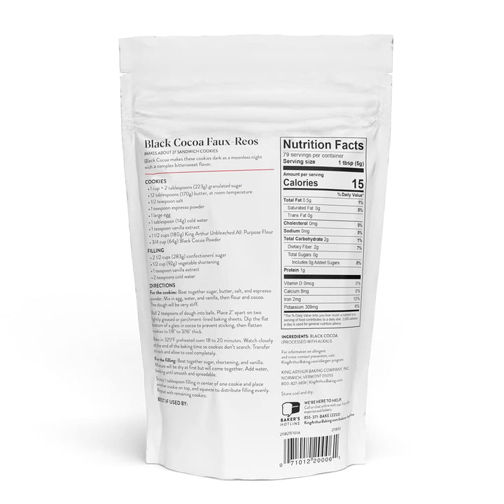 White packaging of Black Cocoa Faux Reos with nutrition facts and ingredients list on a white background