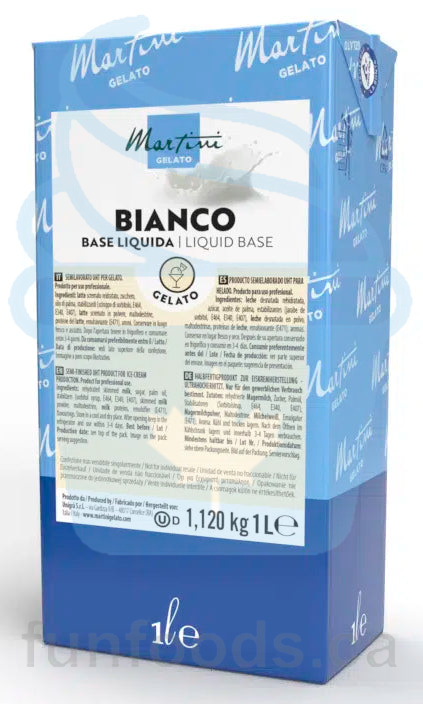 Pasteurized Liquid Base for Soft Serve Ice Cream and Gelato Making. White (Bianco) Base to prepare a White Fior di latte with a delicate vanilla note. Kosher, Halal, Gluten-Free, Vegetarian