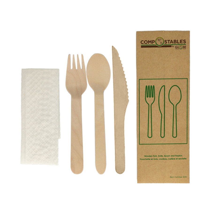 Wood Fork, Knife, Spoon and Napkin in Paper Bag