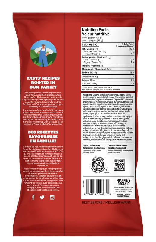 Frankie's Organic BBQ Puff Chips – 36-Pack Case – Vegan, Gluten-Free, Non-GMO, Sprouted Protein – Organic, Kosher - Canadian Distribution - Ships Free Within Canada on Orders Above CAD $199