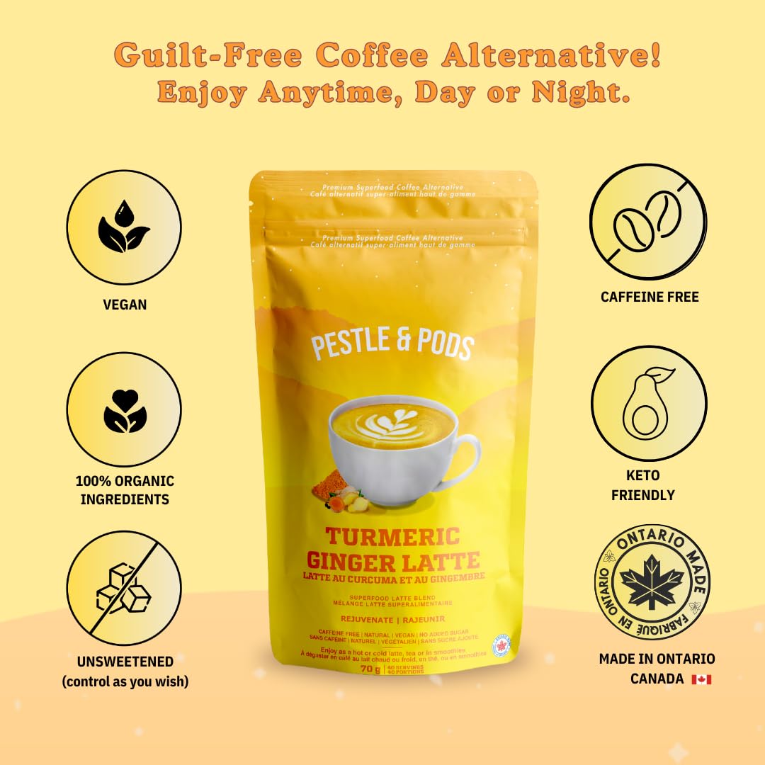 PESTLE & PODS Golden Turmeric Latte Blend | Organic Turmeric, Ginger, Cardamom, Cinnamon & Black Pepper | Caffeine-Free Coffee Alternative | 70g, 40 Servings - Canadian Distribution - Ships Free Within Canada on Orders Above CAD $199