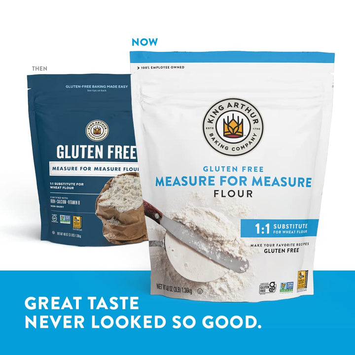 Two King Arthur Baking Company gluten-free flour packages with text about great taste.