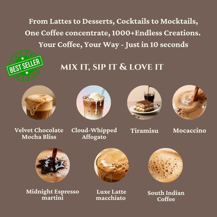 Promotional image of coffee concentrate with various coffee creations and a 'Best Seller' label.