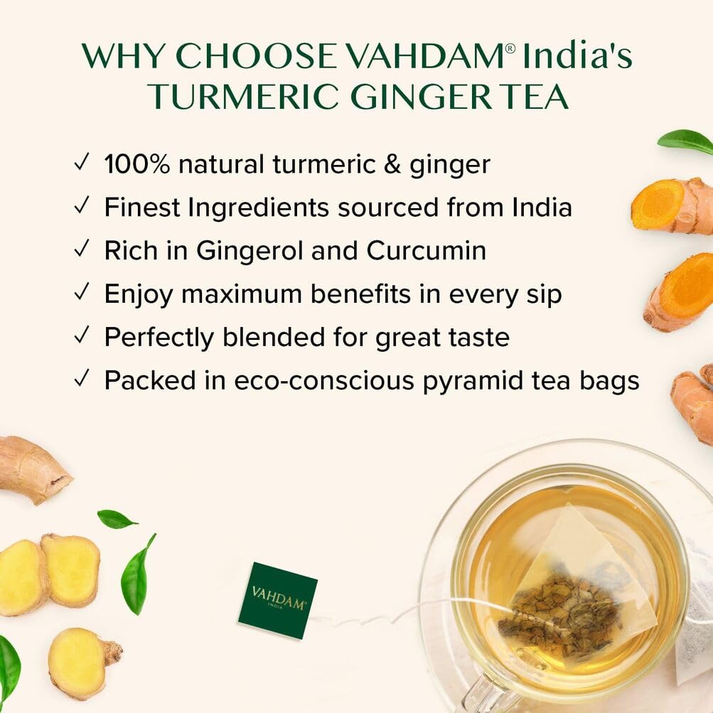 VAHDAM – Turmeric Ginger Tea – Herbal Pyramid Tea Bags – 100 ct