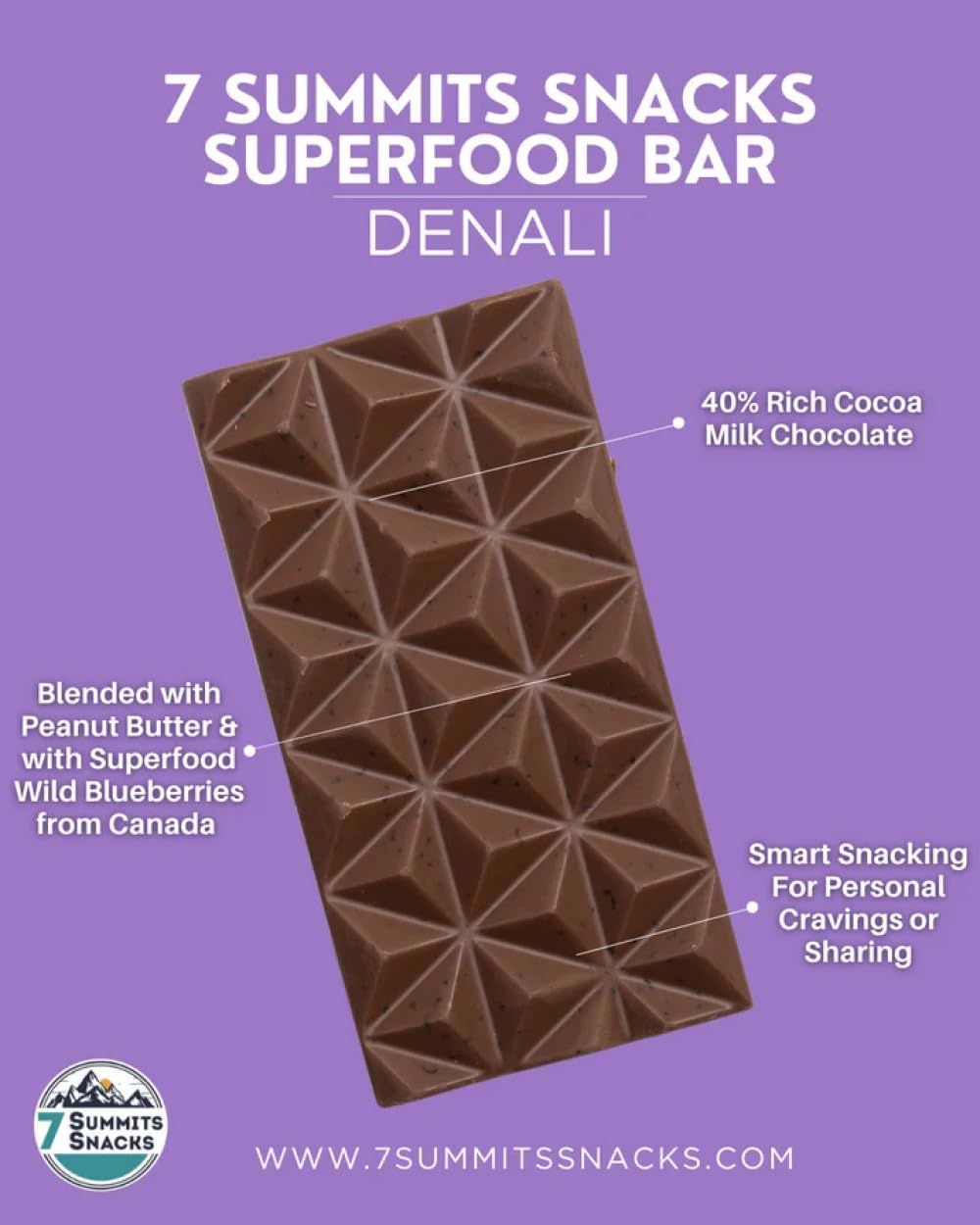 7 Summits Snacks, barre de chocolat Superfood Denali 80g (lot de 1)