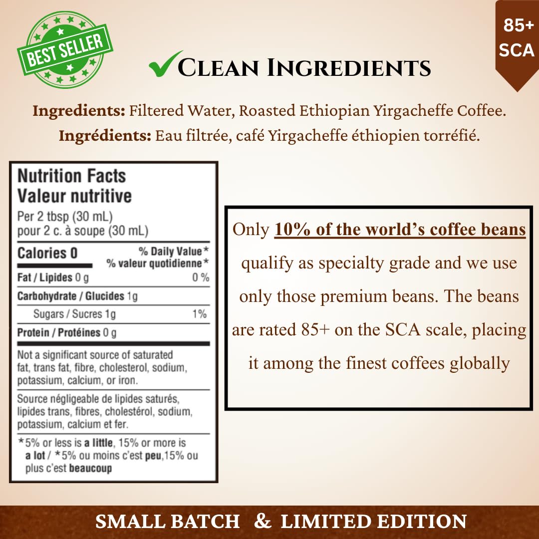 Product label with coffee ingredients, nutrition facts, and quality information on a beige background.