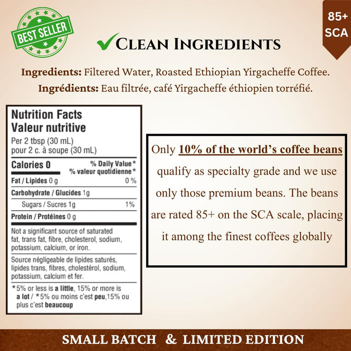 Product label with coffee ingredients, nutrition facts, and quality information on a beige background.