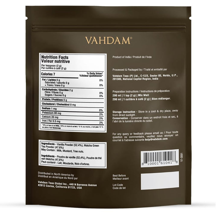 VAHDAM Vanilla Matcha Green Tea Powder (2 x 1.76oz/50g) - Pure Japanese Matcha with Madagascar Vanilla - Canadian Distribution - Ships Free Within Canada on Orders Above CAD $199