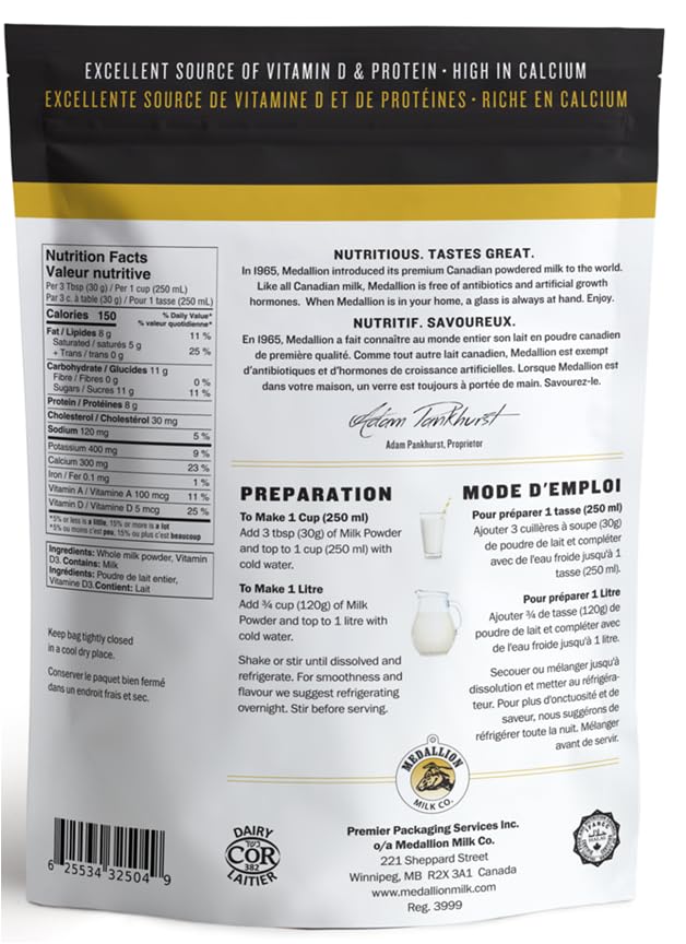 Medallion Whole Milk Powder 500g – Canadian Dairy, Antibiotic-Free, No rbST or rBGH - Canadian Distribution - Ships Free Within Canada on Orders Above CAD $199