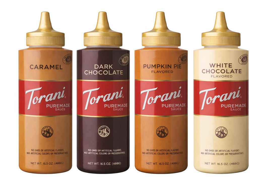 Torani Puremade Sauce Variety Pack - 4 Bottles (16.5oz Each) - Caramel, Dark Chocolate, White Chocolate & Pumpkin Pie - Canadian Distribution - Ships Free Within Canada on Orders Above CAD $199