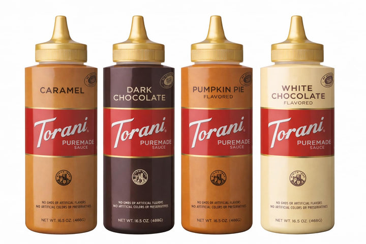 Torani Puremade Sauce Variety Pack - 4 Bottles (16.5oz Each) - Caramel, Dark Chocolate, White Chocolate & Pumpkin Pie - Canadian Distribution - Ships Free Within Canada on Orders Above CAD $199