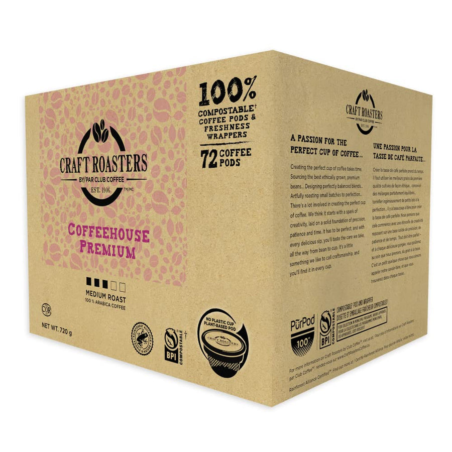 Club Coffee – Craft Roasters Coffeehouse – Medium Roast Pods – 72 Compostable K Cups