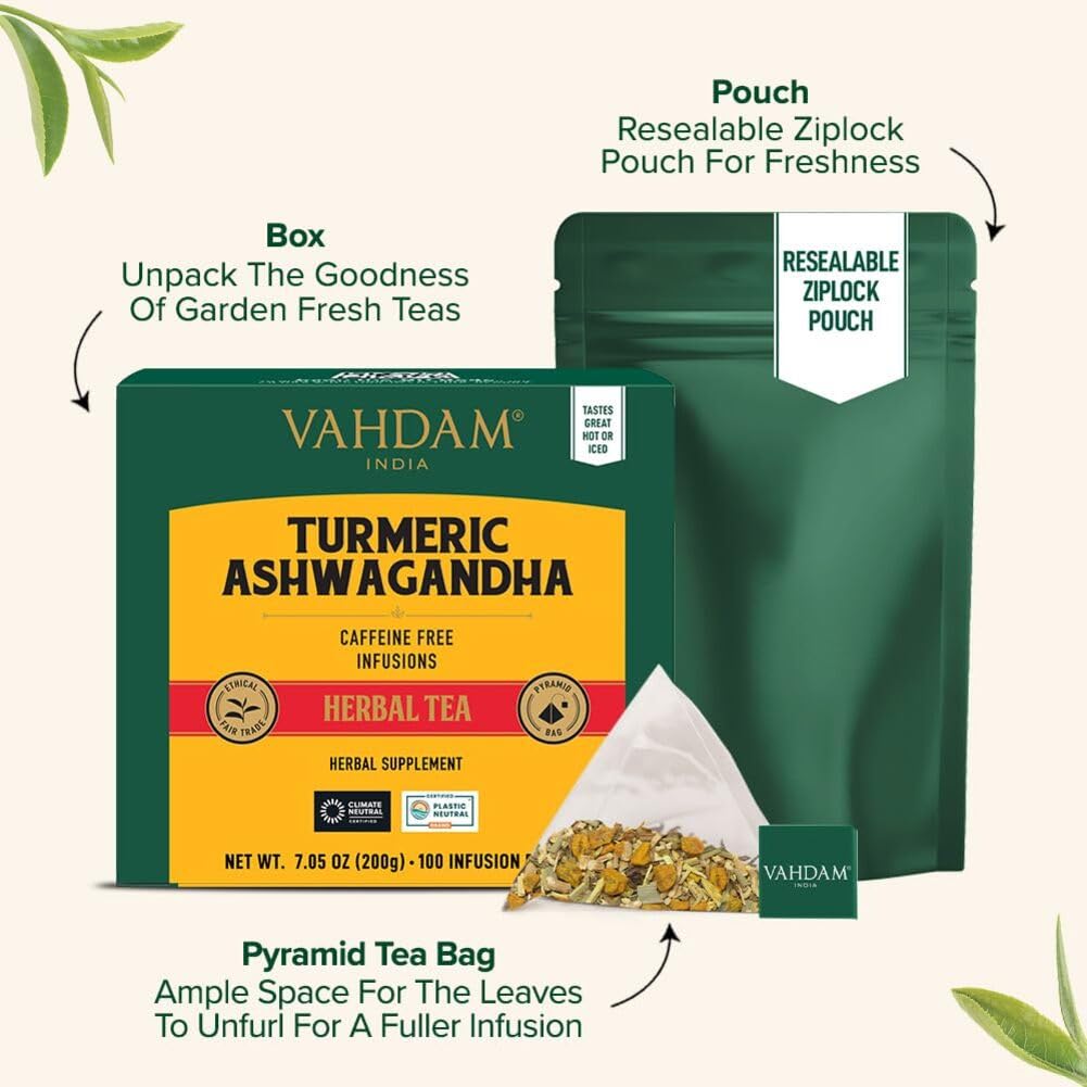 VAHDAM – Turmeric Ashwagandha Tea – Herbal – 100 Count – Caffeine free blend