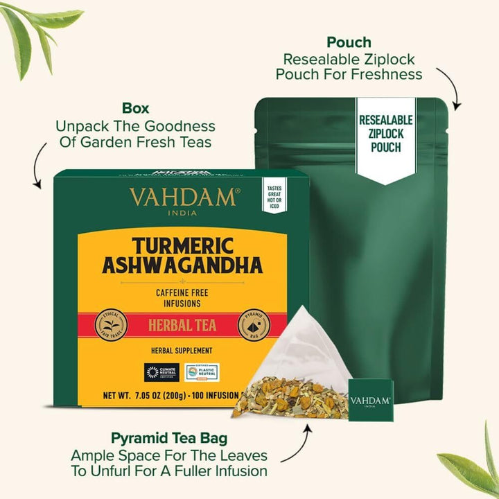 VAHDAM – Turmeric Ashwagandha Tea – Herbal – 100 Count – Caffeine free blend