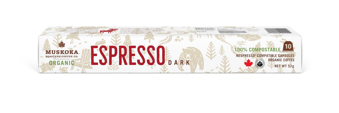 Muskoka Roastery Coffee, dosettes d'espresso biologiques, torréfaction foncée, 10 capsules d'espresso, compatibles avec les machines Nespresso Original Line