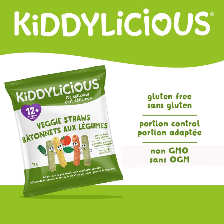 Kiddylicious Veggie Straws - Crunchy Snack for Babies 12+ Months - Gluten Free, Vegan - 9 Portions, 108g - Canadian Distribution - Ships Free Within Canada on Orders Above CAD $199