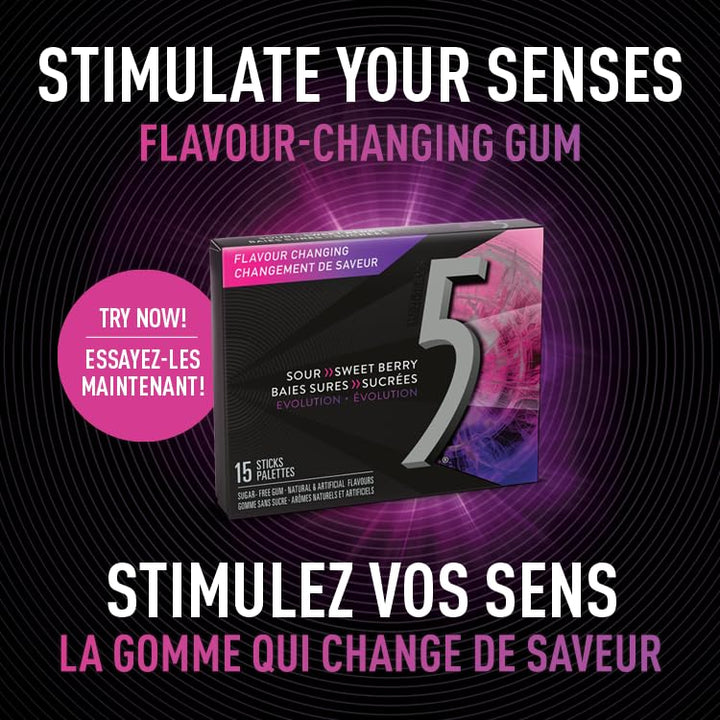 5 GUM Evolution Sour to Sweet Berry Flavor-Changing Sugar-Free Chewing Gum, 10 Packs of 15 Sticks - Canadian Distribution - Ships Free Within Canada on Orders Above CAD $199