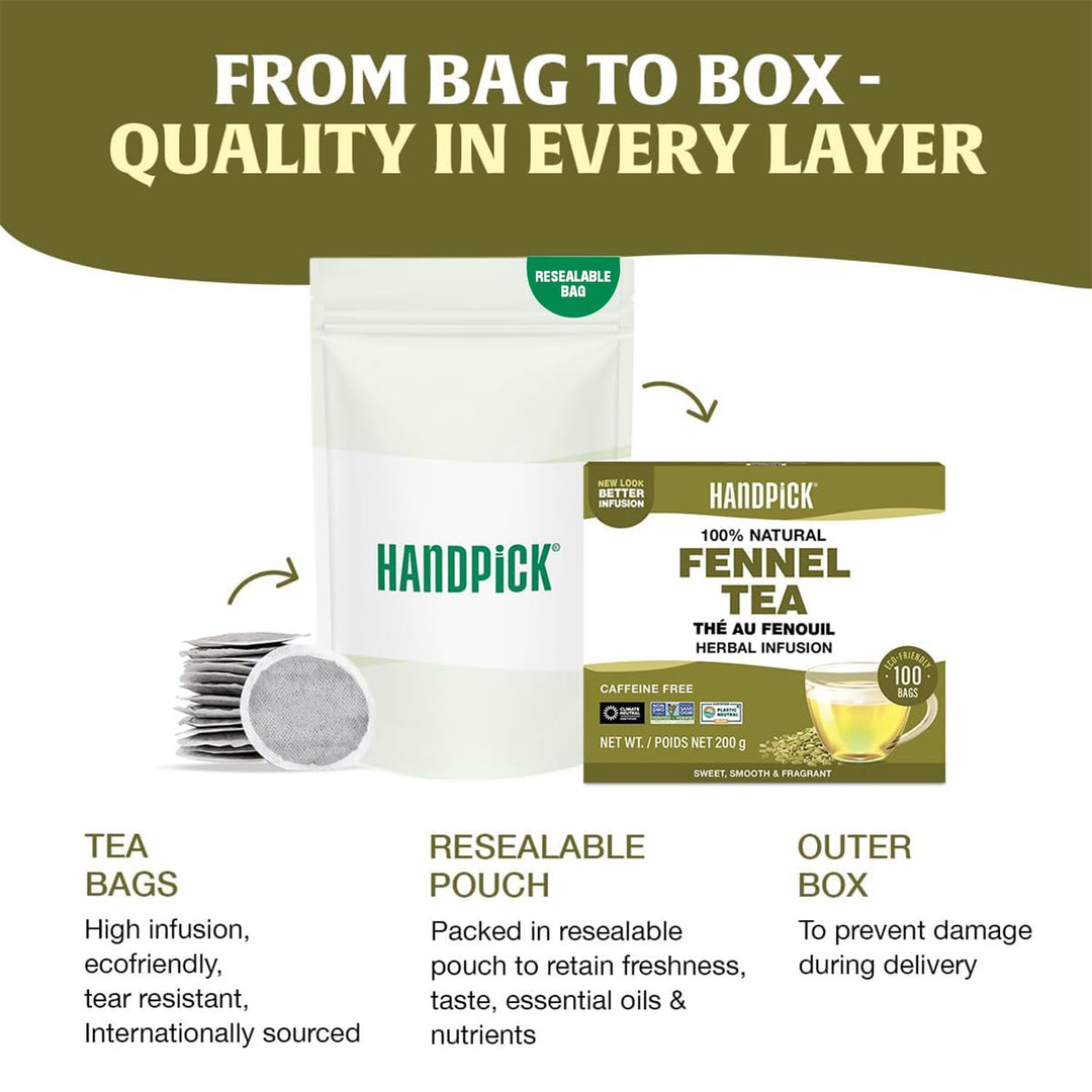 HANDPICK Fennel Tea Bags - 100 Count Herbal Tea, Caffeine-Free, Pure Whole Fennel Seeds - Canadian Distribution - Ships Free Within Canada on Orders Above CAD $199