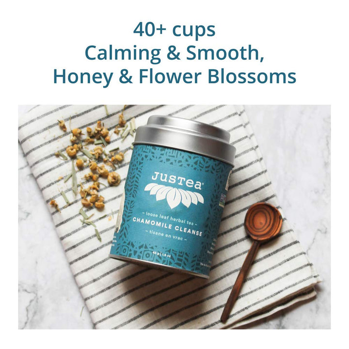 JusTea Chamomile Dream Loose Leaf Herbal Tea | 45g Tin with Carved Spoon | 40+ Servings | Organic Fair Trade - Canadian Distribution - Ships Free Within Canada on Orders Above CAD $199