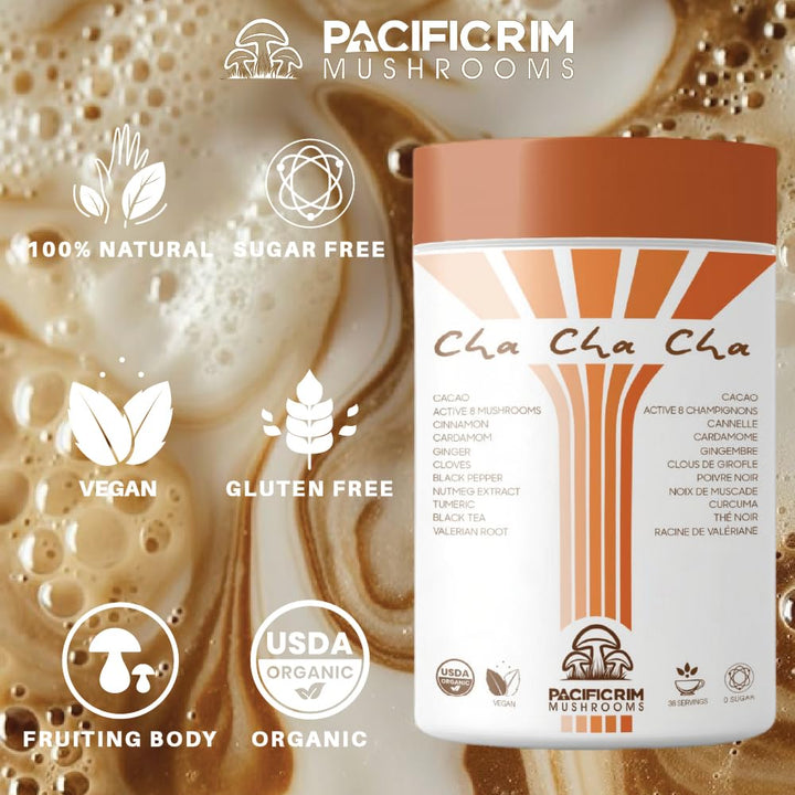 Pacific Rim Mushrooms – Cha Cha Cha Mushroom Cacao – Chai Spice – 8 Mushroom Blend – Energy and focus