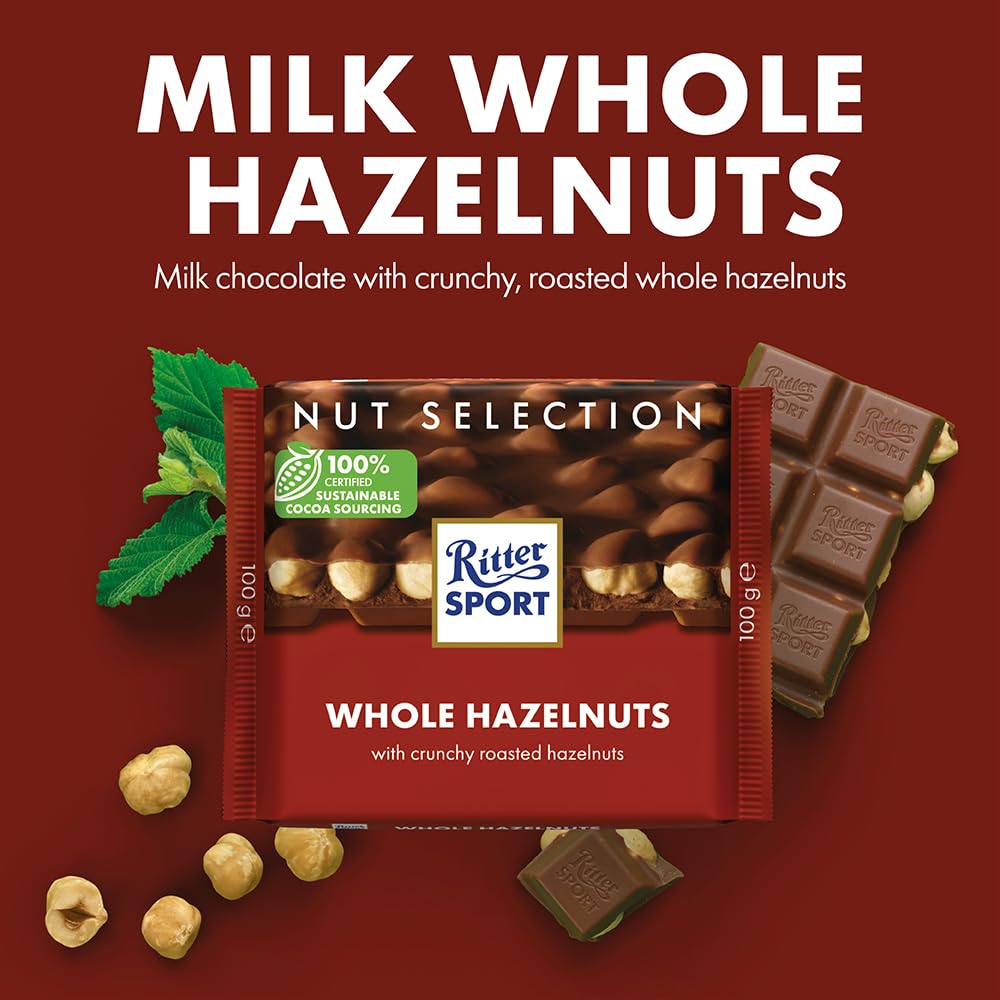Ritter Sport Milk Chocolate with Whole Hazelnuts 100g (Pack of 10) - Canadian Distribution - Ships Free Within Canada on Orders Above CAD $199