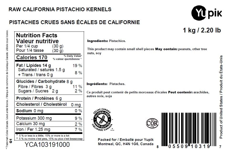 Yupik California Pistachio Kernels 1 kg – Raw, Shelled, Unsalted, Gluten-Free & Kosher - Canadian Distribution - Ships Free Within Canada on Orders Above CAD $199