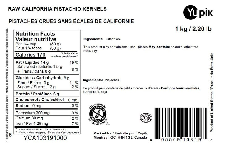 Yupik California Pistachio Kernels 1 kg – Raw, Shelled, Unsalted, Gluten-Free & Kosher - Canadian Distribution - Ships Free Within Canada on Orders Above CAD $199