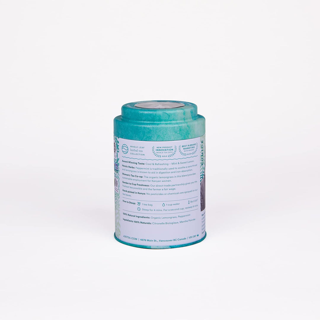 JusTea Peppermint Garden Loose Leaf Herbal Tea | Tin with Hand-Carved Spoon | 40+ Cups (45g) | Caffeine-Free | Award-Winning | Fair Trade - Canadian Distribution - Ships Free Within Canada on Orders Above CAD $199