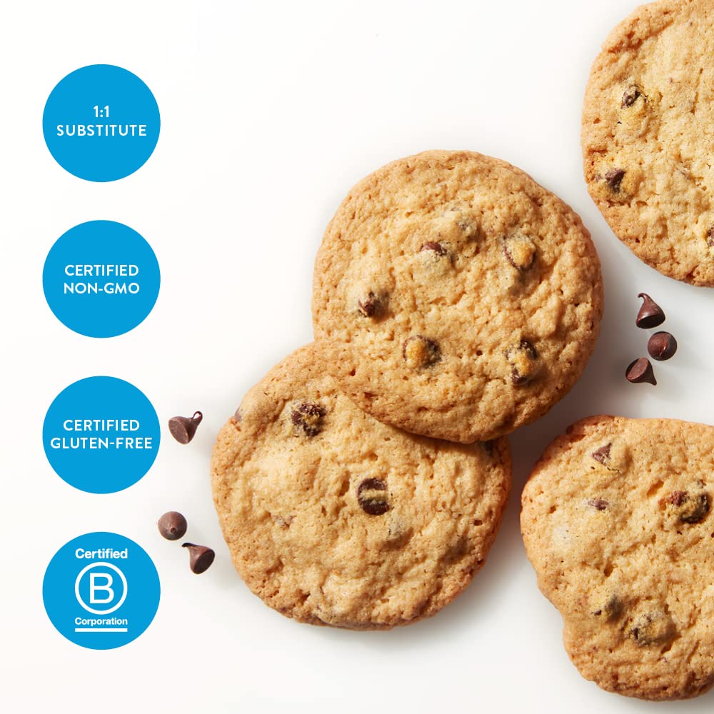 Chocolate chip cookies with certification badges on a white background