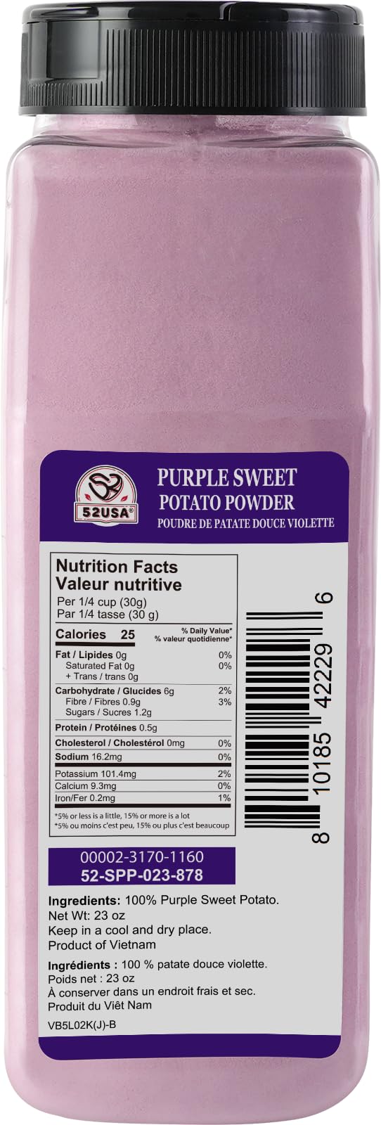 Ube Purple sweet potato powder container with label and nutrition facts.
