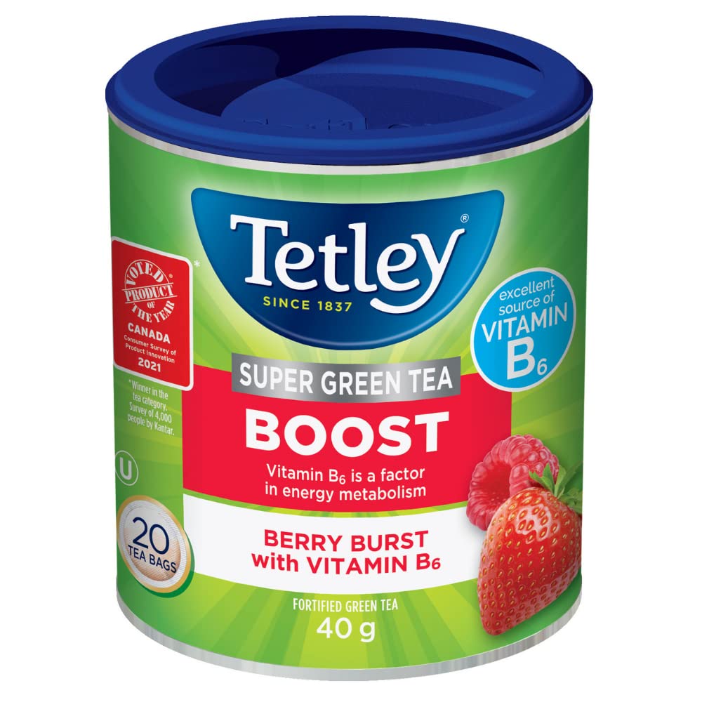 Tetley Super Green Tea Boost Berry Burst – Raspberry & Strawberry Flavored Green Tea, 20 Tea Bags per Box, 6-Pack Bundle, Kosher Certified - Canadian Distribution - Ships Free Within Canada on Orders Above CAD $199