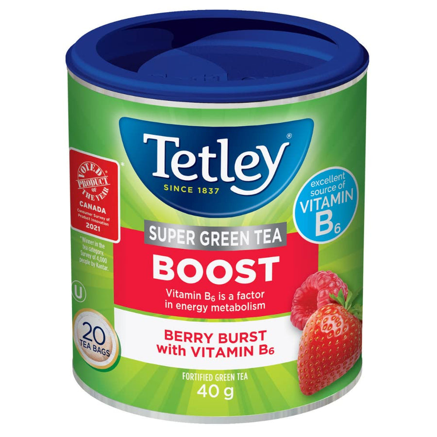 Tetley Super Green Tea Boost Berry Burst – Raspberry & Strawberry Flavored Green Tea, 20 Tea Bags per Box, 6-Pack Bundle, Kosher Certified - Canadian Distribution - Ships Free Within Canada on Orders Above CAD $199