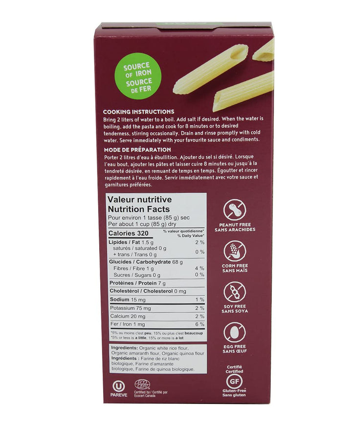 GoGo Quinoa Organic Penne Pasta - Gluten-Free Rice & Amaranth Blend | Non-GMO Vegan | 2 x 227g - Canadian Distribution - Ships Free Within Canada on Orders Above CAD $199
