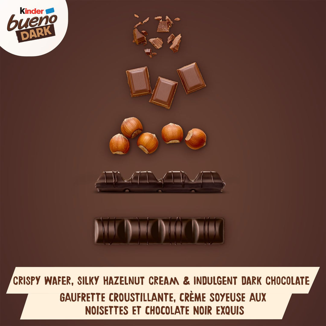 Kinder Bueno Dark Chocolate Hazelnut Wafer Bars - 30 Pack (2 Bars Per Pack, 43g Each) - Canadian Distribution - Ships Free Within Canada on Orders Above CAD $199