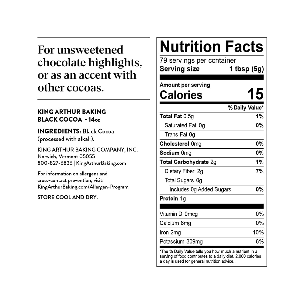 Nutrition facts label for King Arthur Baking Black Cocoa