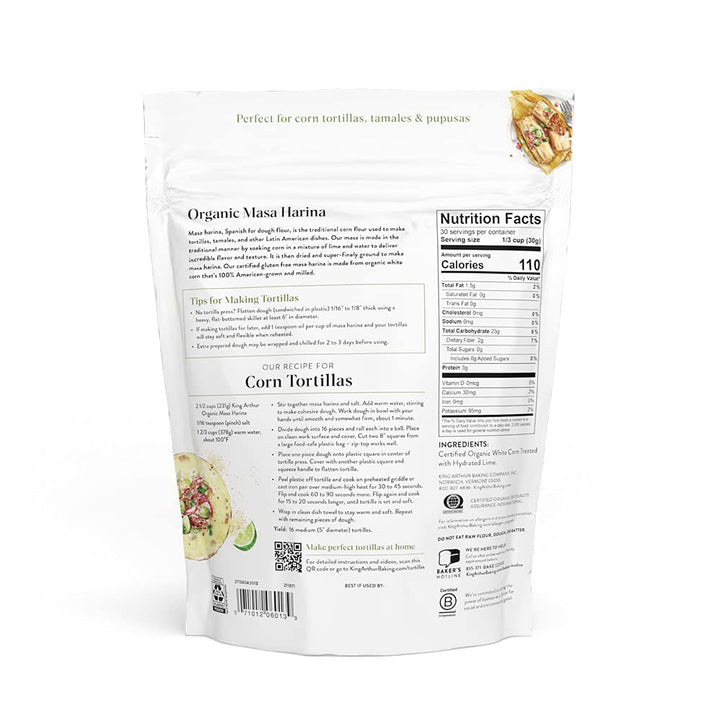 Package of organic masa harina with nutritional information and ingredients listed.
