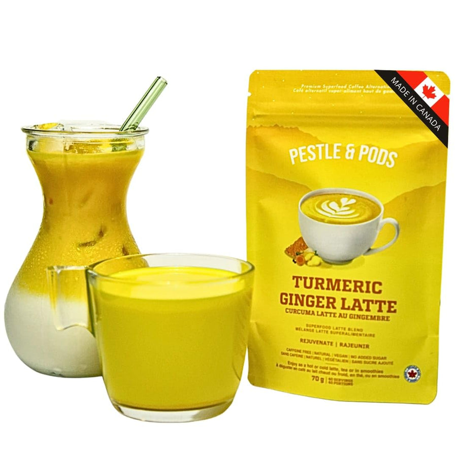 PESTLE & PODS Golden Turmeric Latte Blend | Organic Turmeric, Ginger, Cardamom, Cinnamon & Black Pepper | Caffeine-Free Coffee Alternative | 70g, 40 Servings - Canadian Distribution - Ships Free Within Canada on Orders Above CAD $199