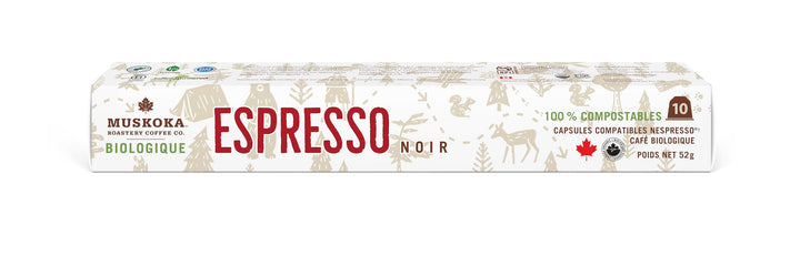 Muskoka Roastery Coffee, dosettes d'espresso biologiques, torréfaction foncée, 10 capsules d'espresso, compatibles avec les machines Nespresso Original Line