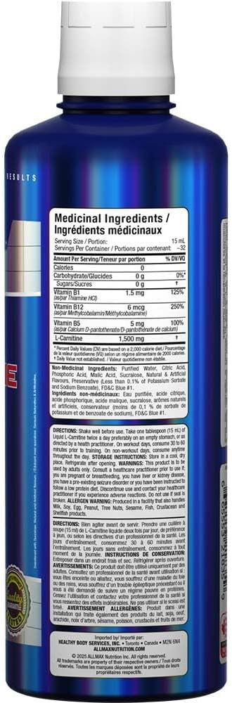 ALLMAX – L-Carnitine Liquid + Vitamin B5 – Blue Raspberry – 473 ml