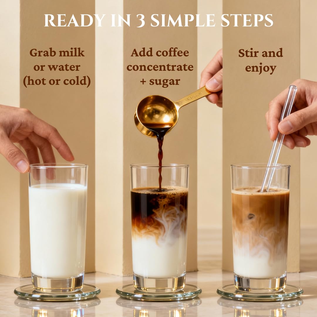 Three steps to make a coffee drink with milk or water, coffee concentrate, and sugar using cold brew coffee.