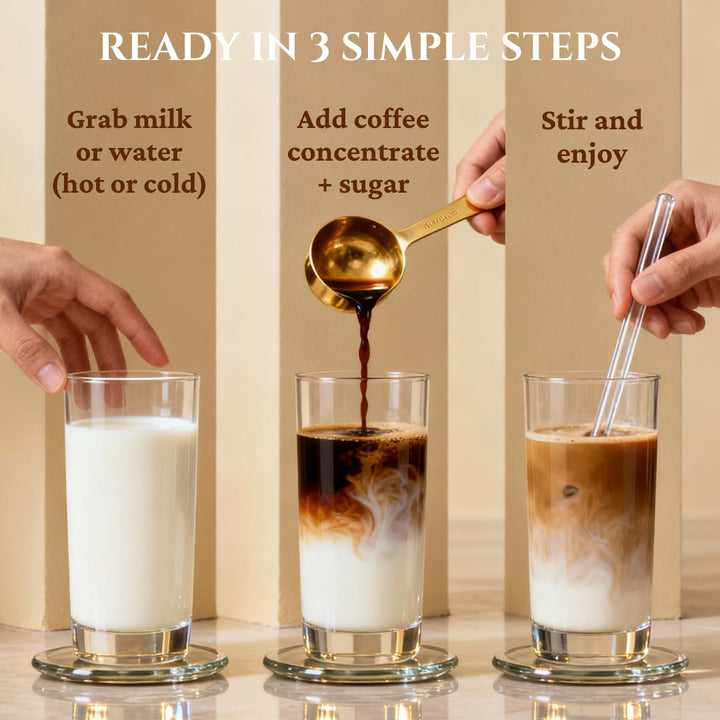 Three steps to make a coffee drink with milk or water, coffee concentrate, and sugar using cold brew coffee.