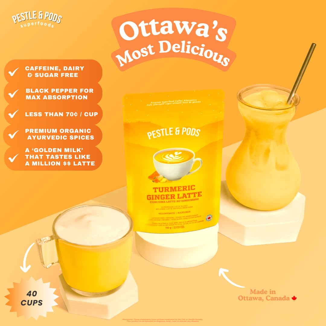 PESTLE & PODS Golden Turmeric Latte Blend | Organic Turmeric, Ginger, Cardamom, Cinnamon & Black Pepper | Caffeine-Free Coffee Alternative | 70g, 40 Servings - Canadian Distribution - Ships Free Within Canada on Orders Above CAD $199
