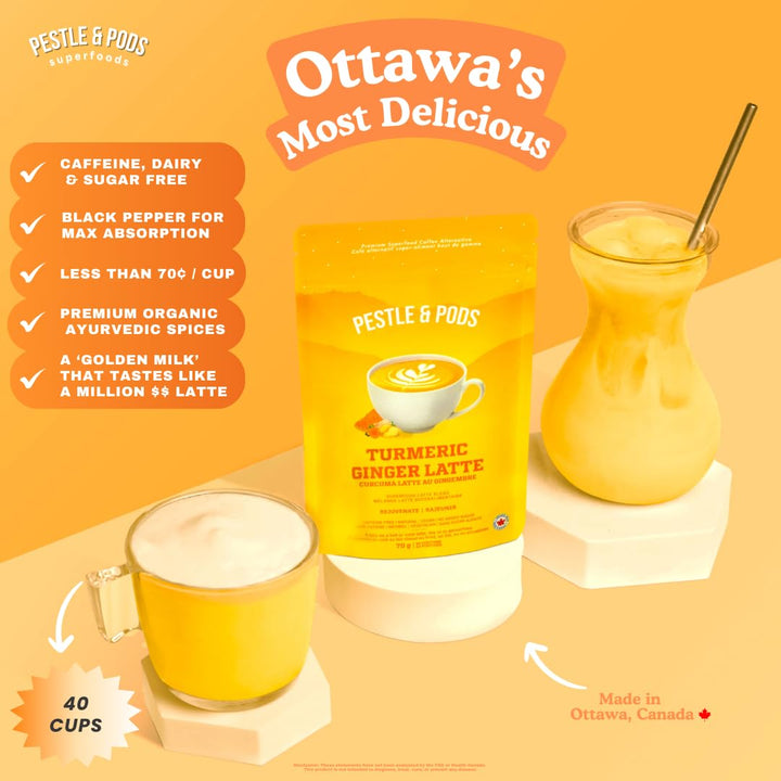 PESTLE & PODS Golden Turmeric Latte Blend | Organic Turmeric, Ginger, Cardamom, Cinnamon & Black Pepper | Caffeine-Free Coffee Alternative | 70g, 40 Servings - Canadian Distribution - Ships Free Within Canada on Orders Above CAD $199
