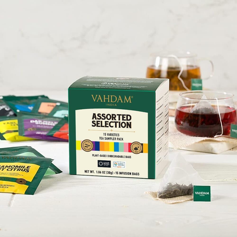 VAHDAM Assorted Tea Sampler – 2 x 15 Premium Flavors in Pyramid Tea Bags - Canadian Distribution - Ships Free Within Canada on Orders Above CAD $199